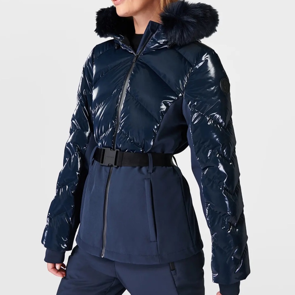 Sweaty Betty Navy Quilted Ski Jacket with Faux-Fur Hood
